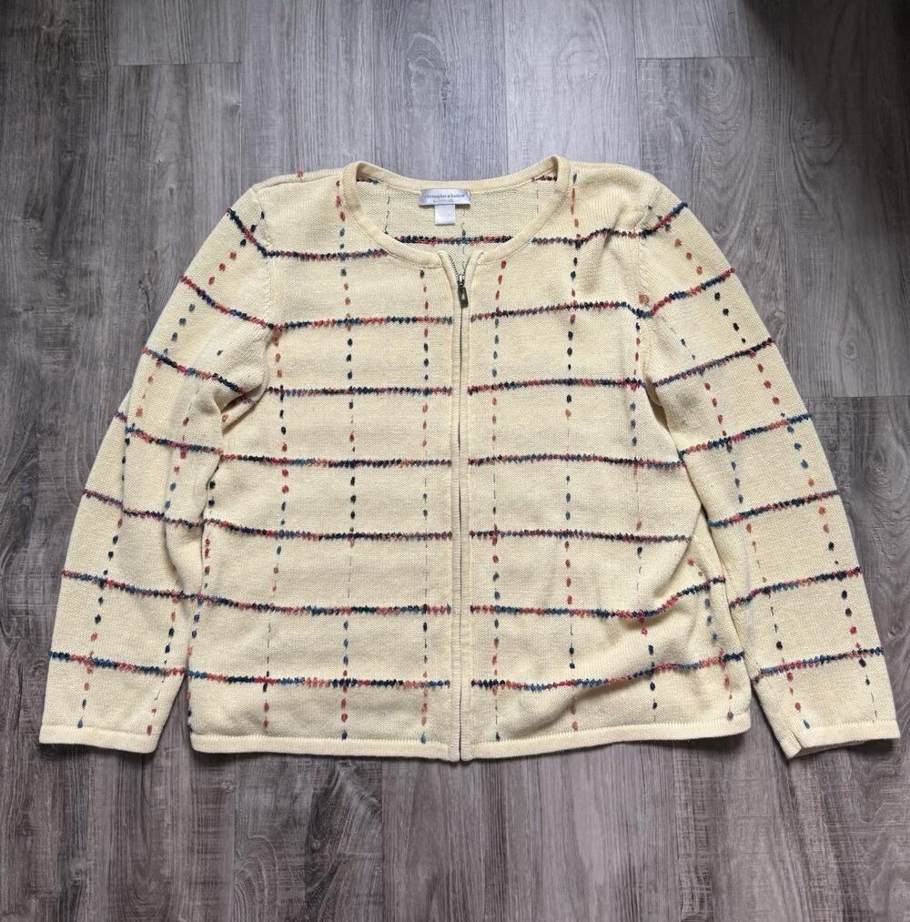 Christopher & Banks Womens XL Zip Cardigan Butter Yellow Windowpane Grannycore